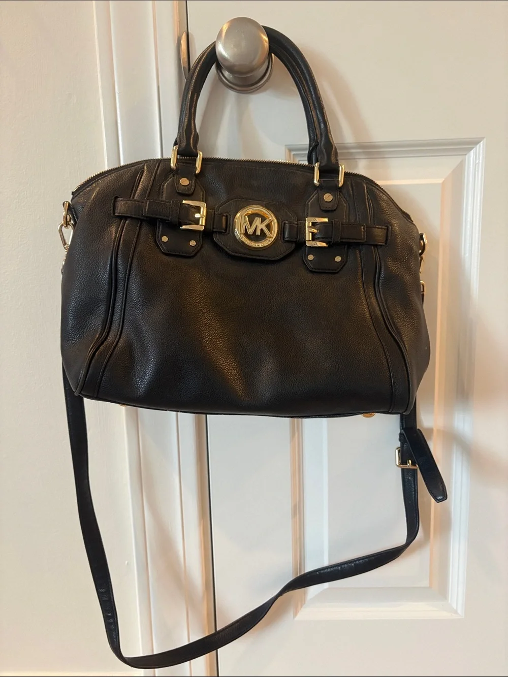 Michael Kors Black Leather Satchel with Gold Hardware and MK Medallion